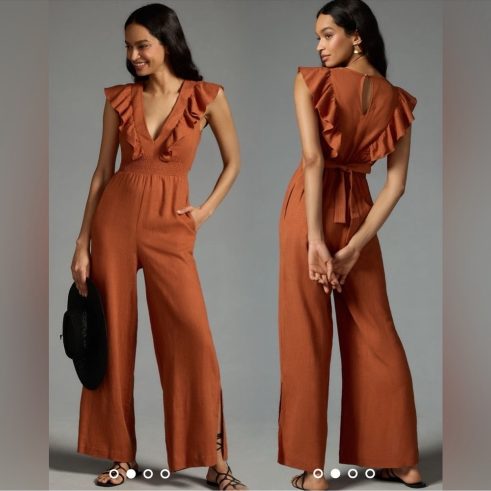 Anthropologie Brown Jumpsuit with Ruffled Sleeves and Wide Legs New Size: US L